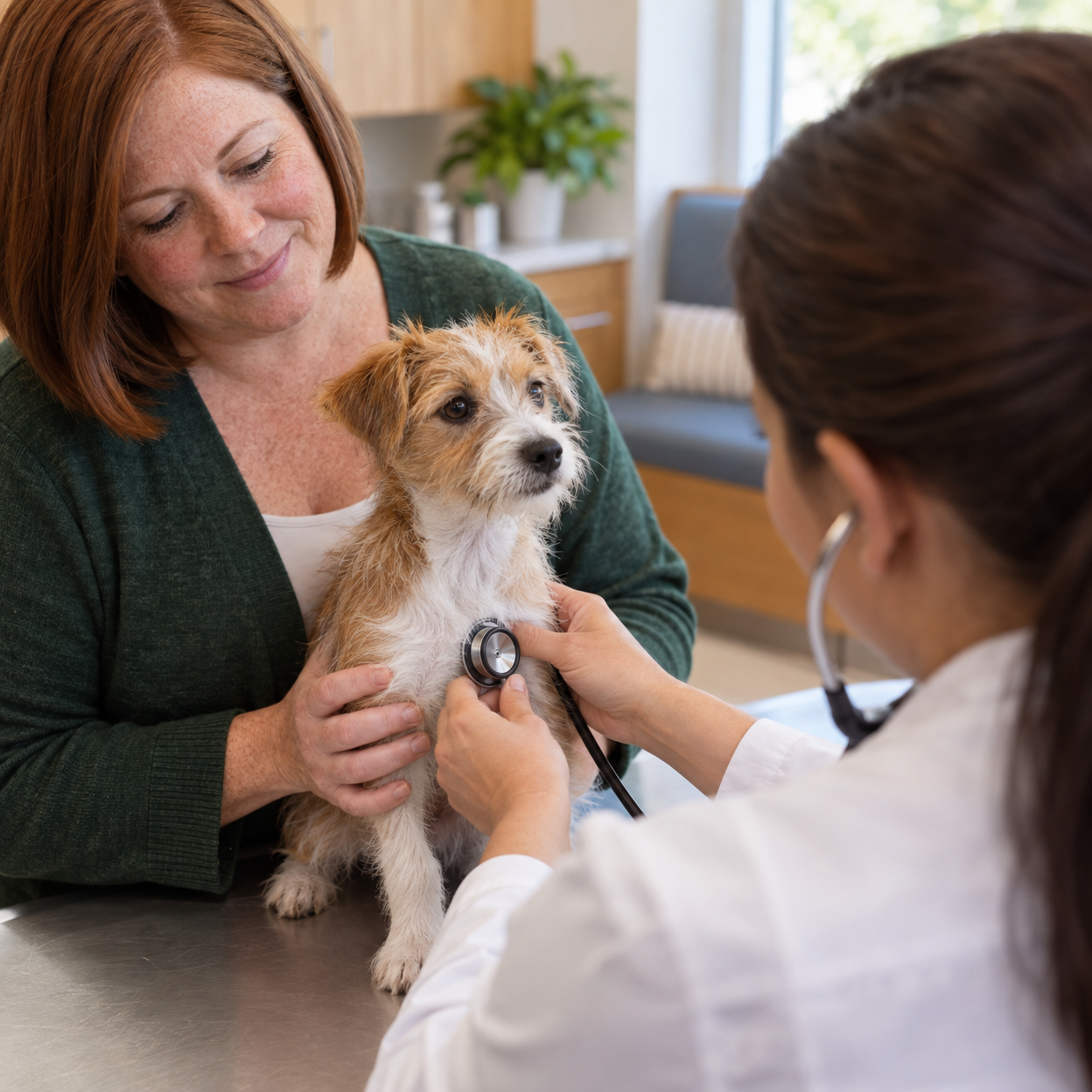 A woman steadies a small terrier puppy during a gentle veterinary wellness exam.