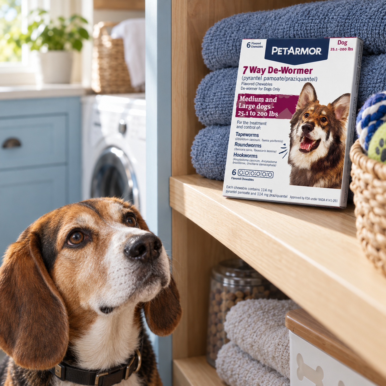 A sealed dewormer box rests on a laundry-room shelf while a beagle mix waits below.