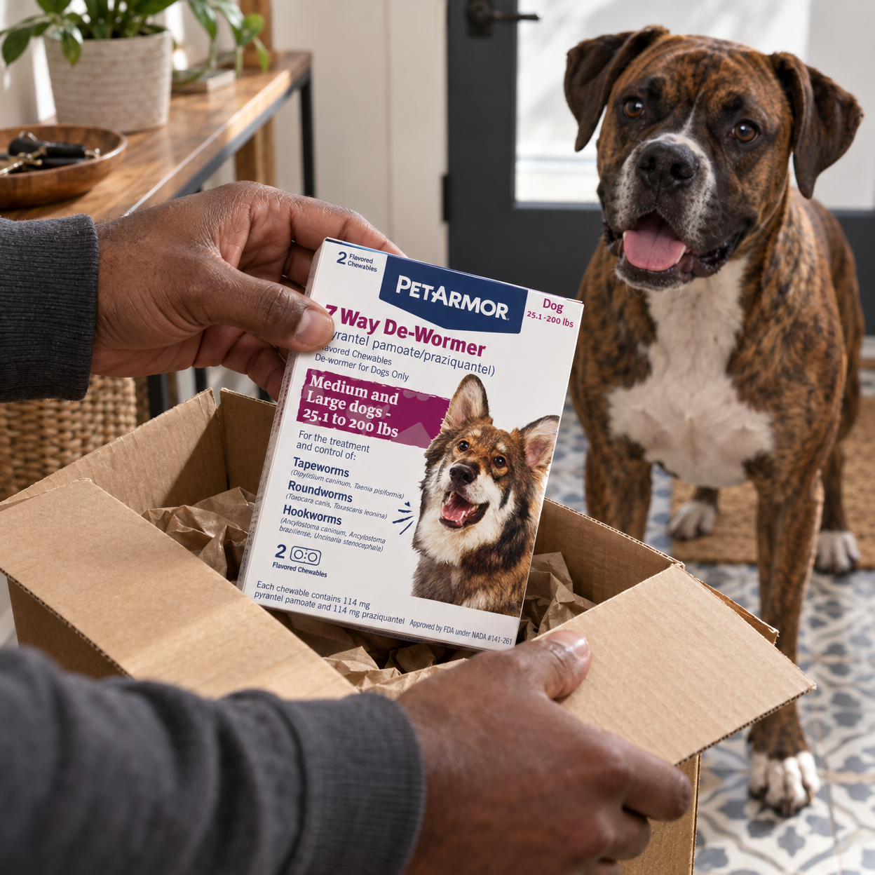Hands lift a sealed dewormer box from a delivery parcel as a brindle boxer mix waits nearby.