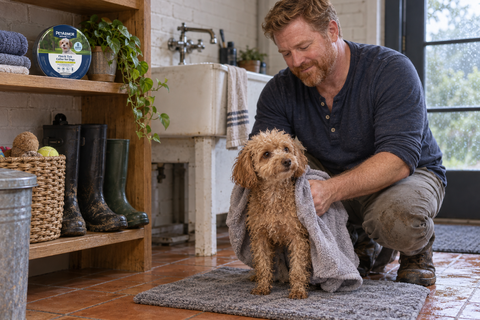 A man towel-dries a small apricot poodle in a mudroom with the package on a shelf.
