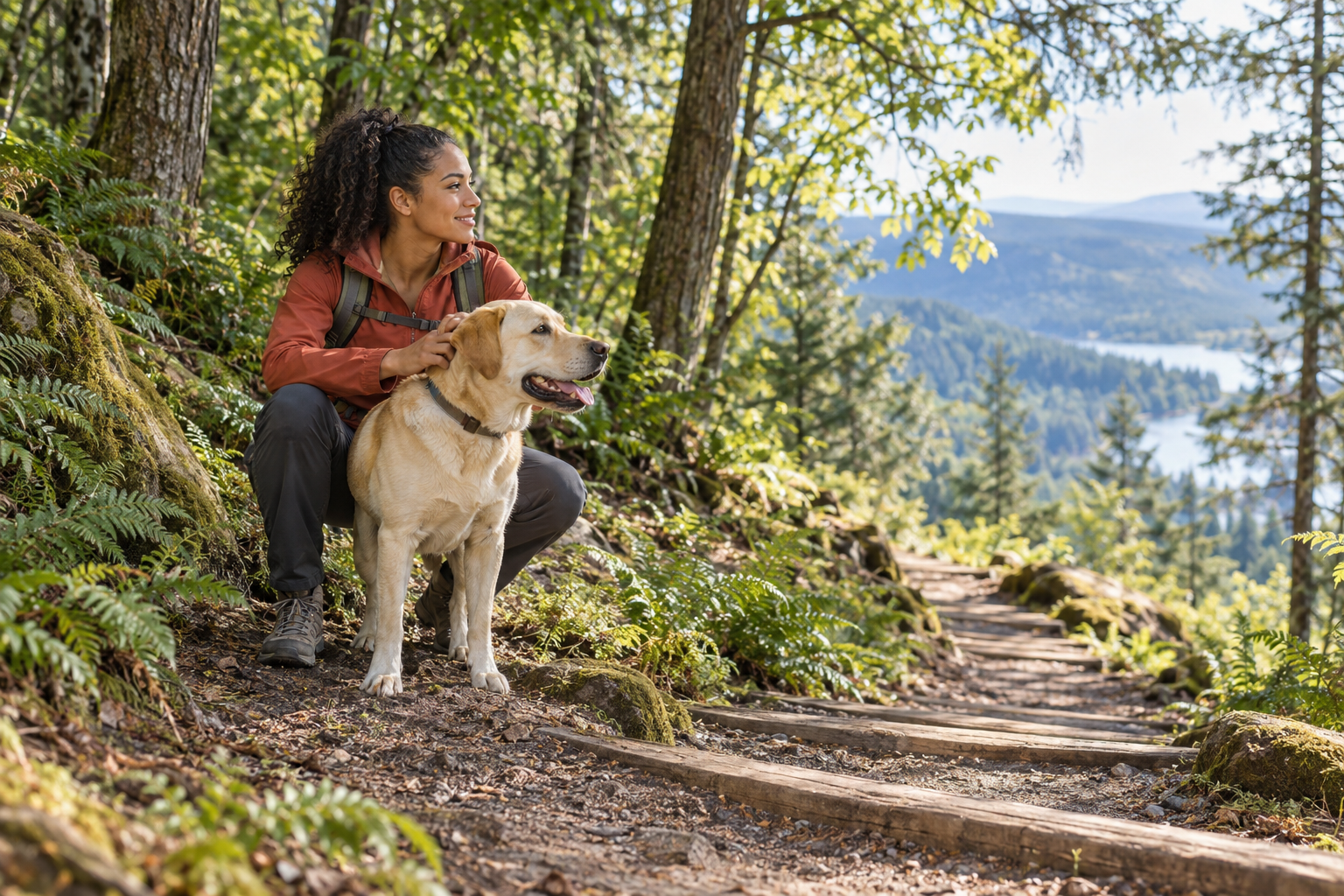 A woman pauses with a large yellow dog on a green woodland trail.