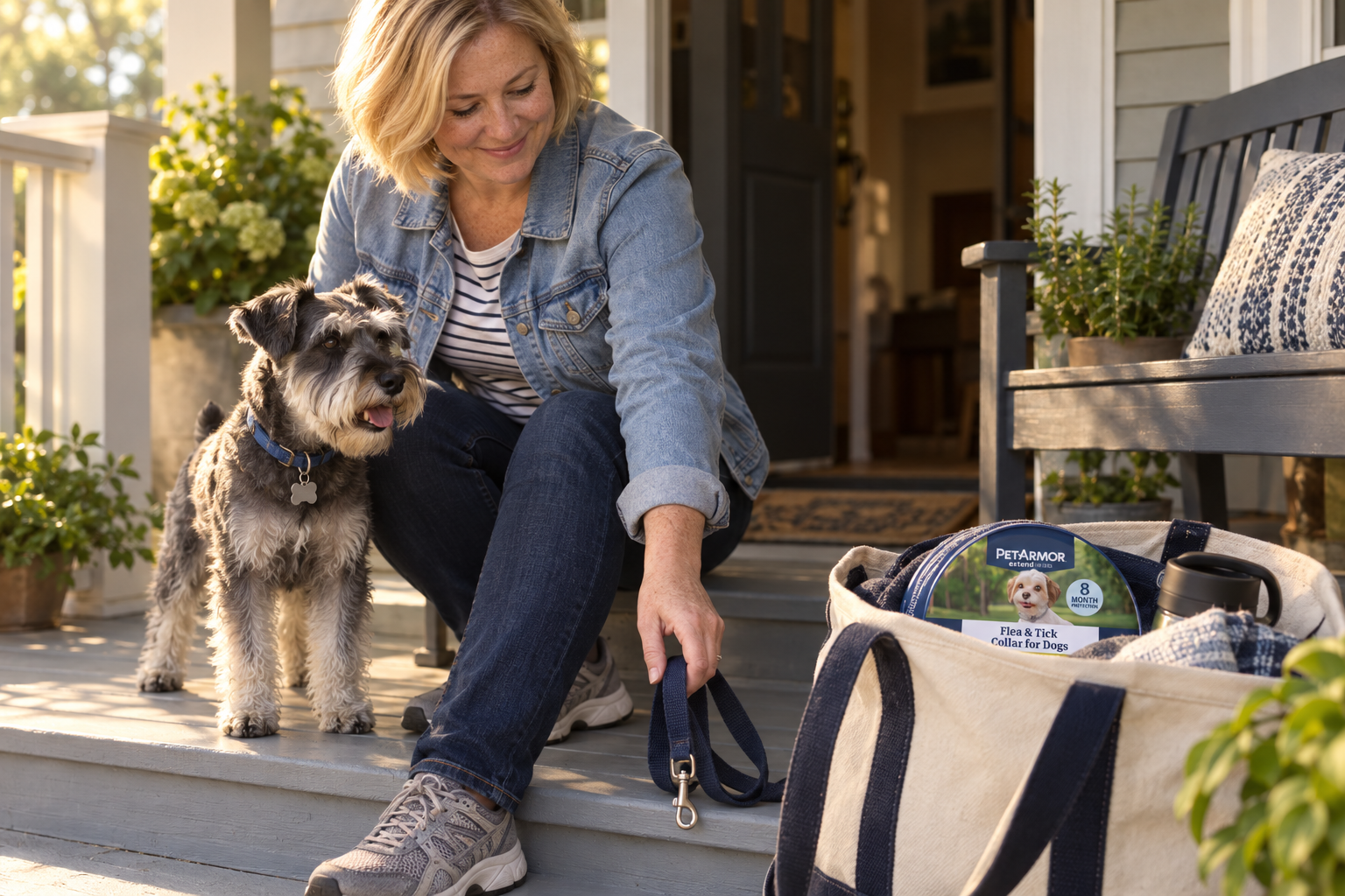 A woman reaches for a leash as a small schnauzer waits on the porch beside an open tote.