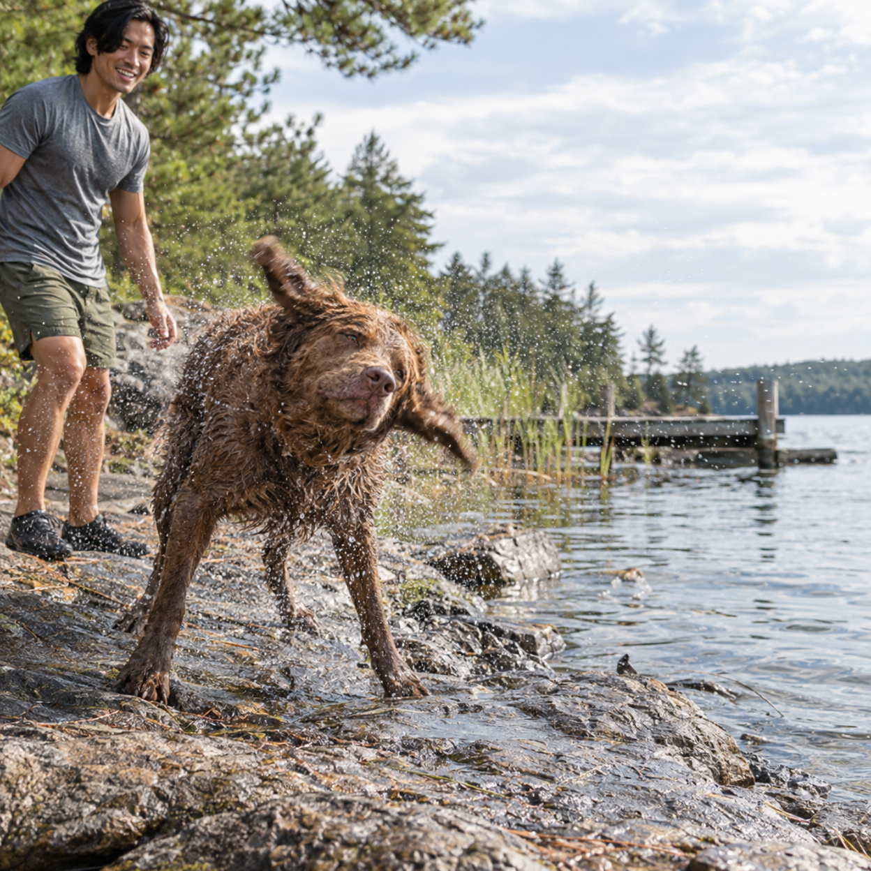 A wet brown retriever shakes off beside its smiling owner at a quiet lakeshore.