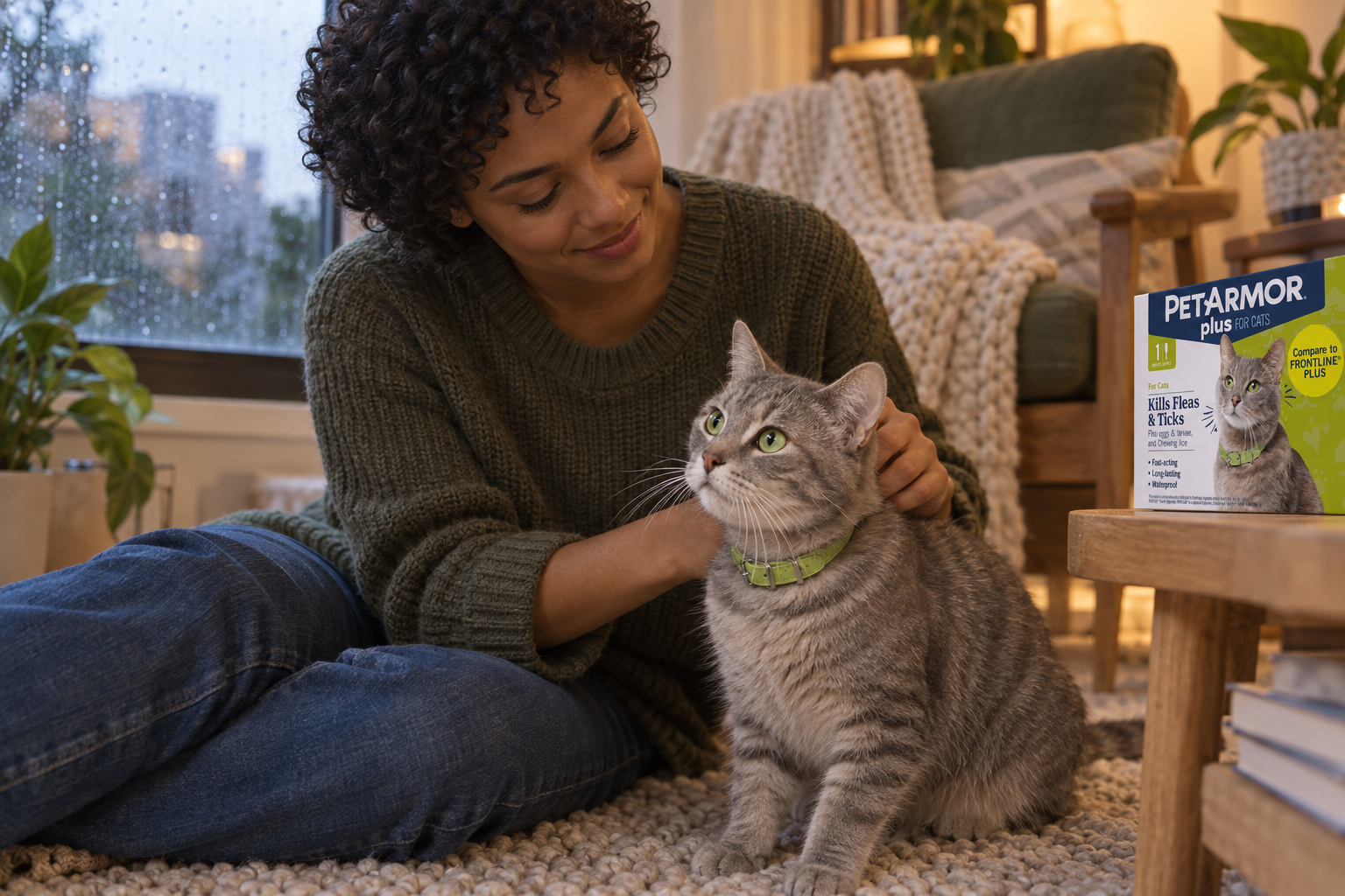 A new cat owner calmly checks a gray tabby's neck beside a partially visible retail box.
