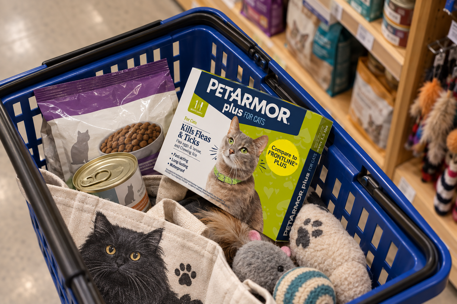 A sealed one-month cat treatment box rests diagonally in a basket in a neighborhood pet-care aisle.