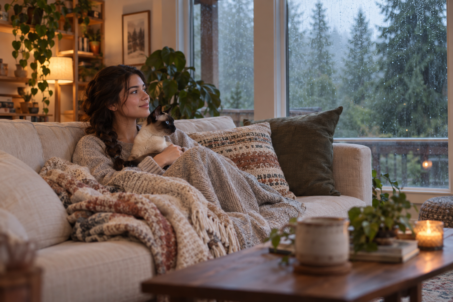 A new cat owner cuddles a Siamese cat on a sofa while rain falls beyond the living room windows.