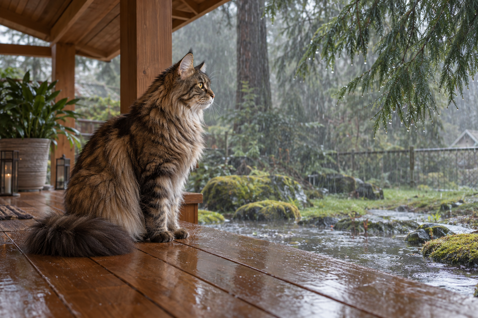 A brown tabby Maine Coon watches rain and puddles from a covered cedar porch.