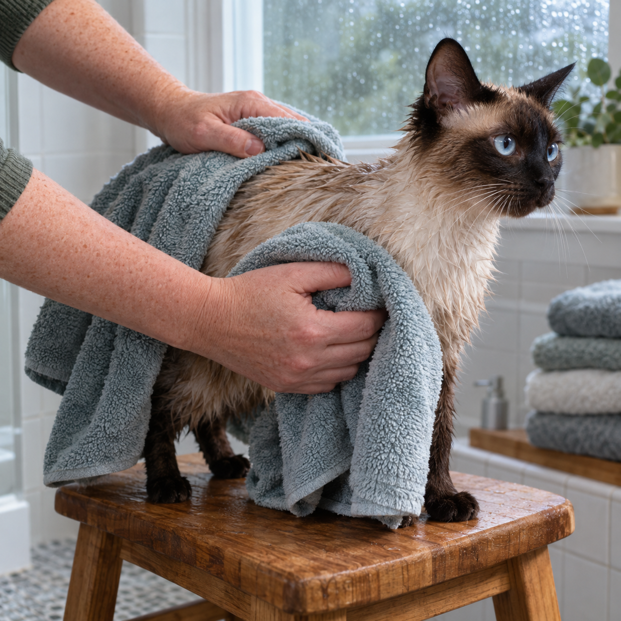 Hands gently towel-dry a Siamese cat on a low stool beside a rain-speckled window.