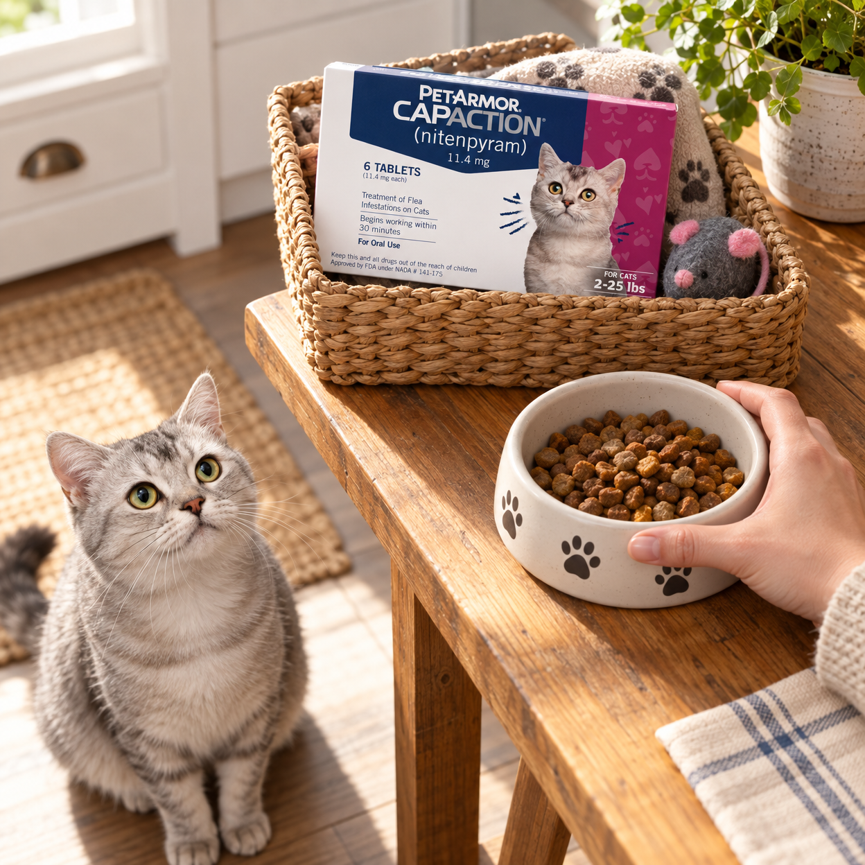 A gray tabby cat looks up beside a bowl of food and a basket holding PetArmor® CAPACTION® cat flea treatment.