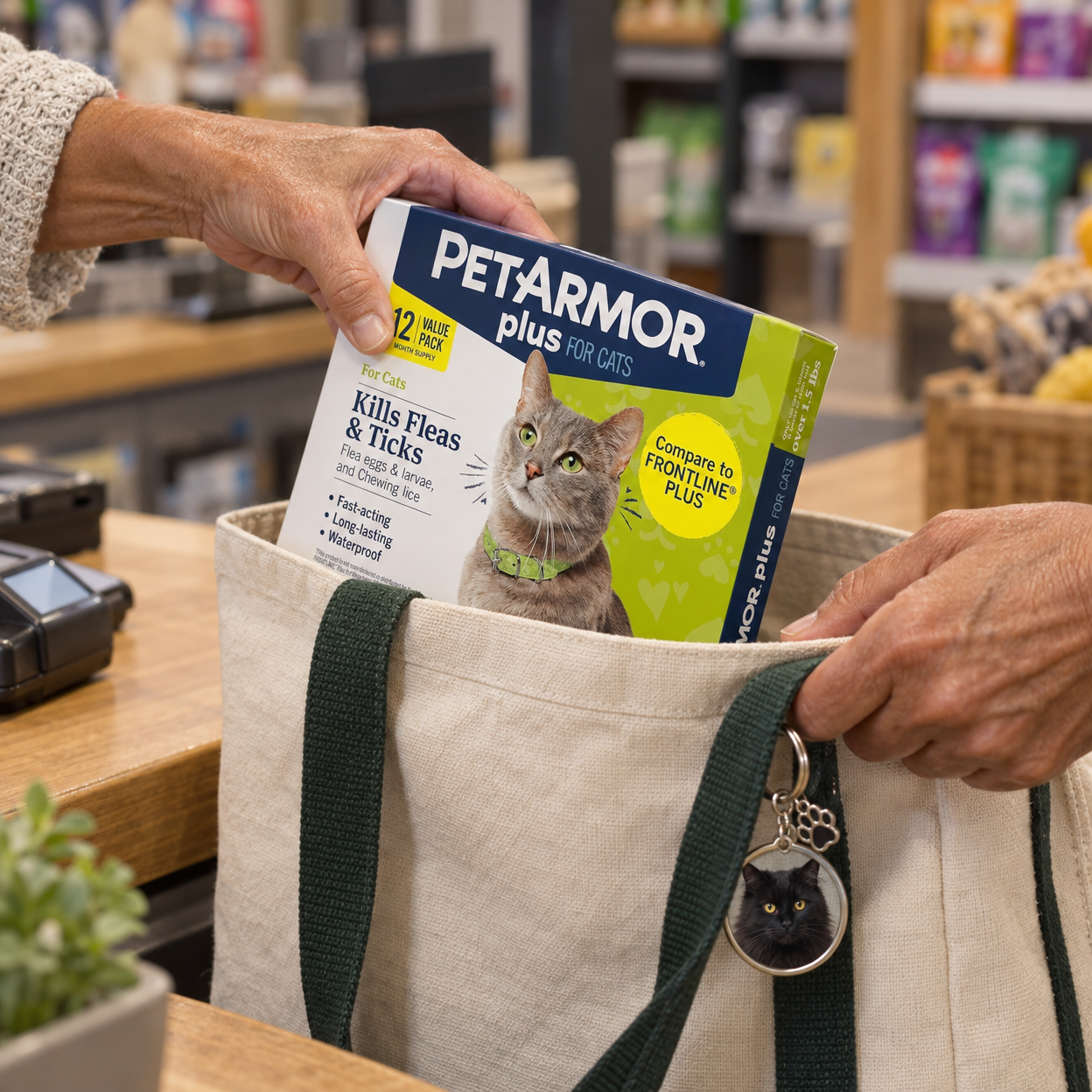 Hands place a sealed twelve-month cat treatment box into a canvas tote at a local checkout.