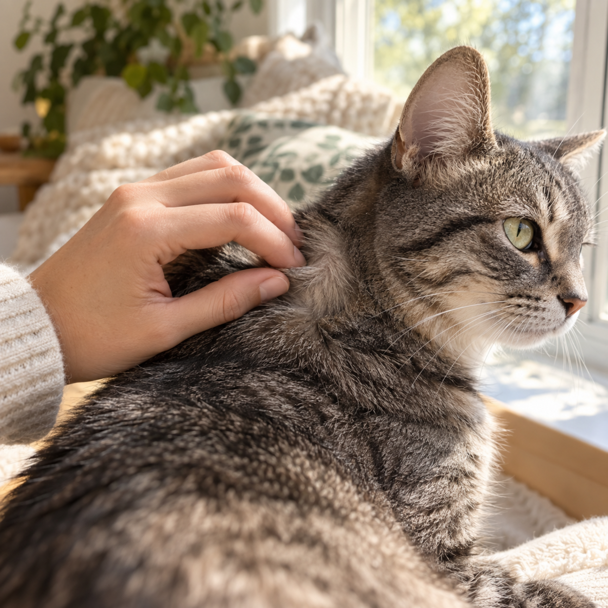 A hand pets a gray tabby cat resting on a cream blanket beside a sunny window, with pillows and leafy houseplants in the background.