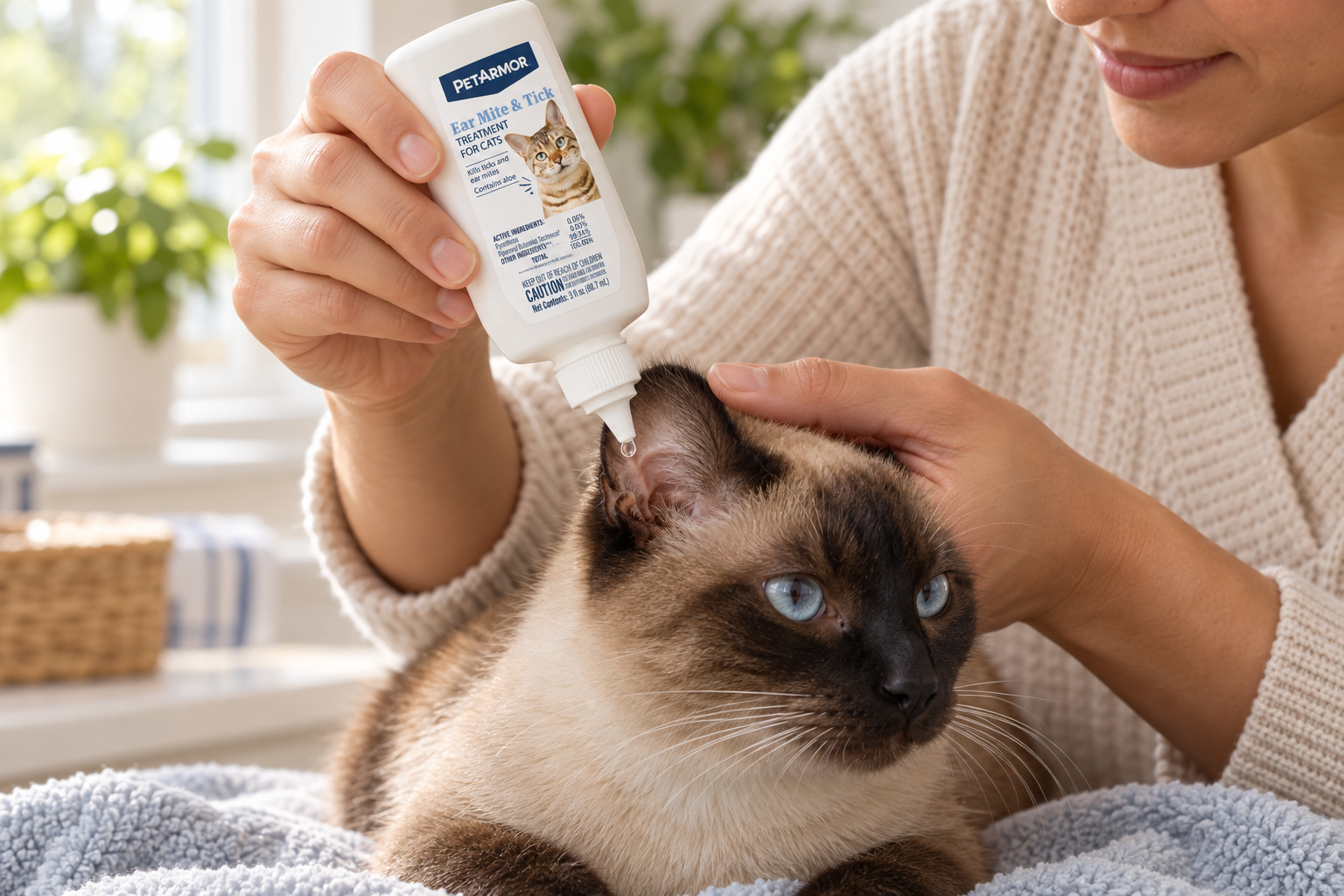 A person applies drops near a cat's ear from a bottle labeled PetArmor® Ear Mite & Tick Treatment for Cats, showing the real squeeze-bottle shape and label.