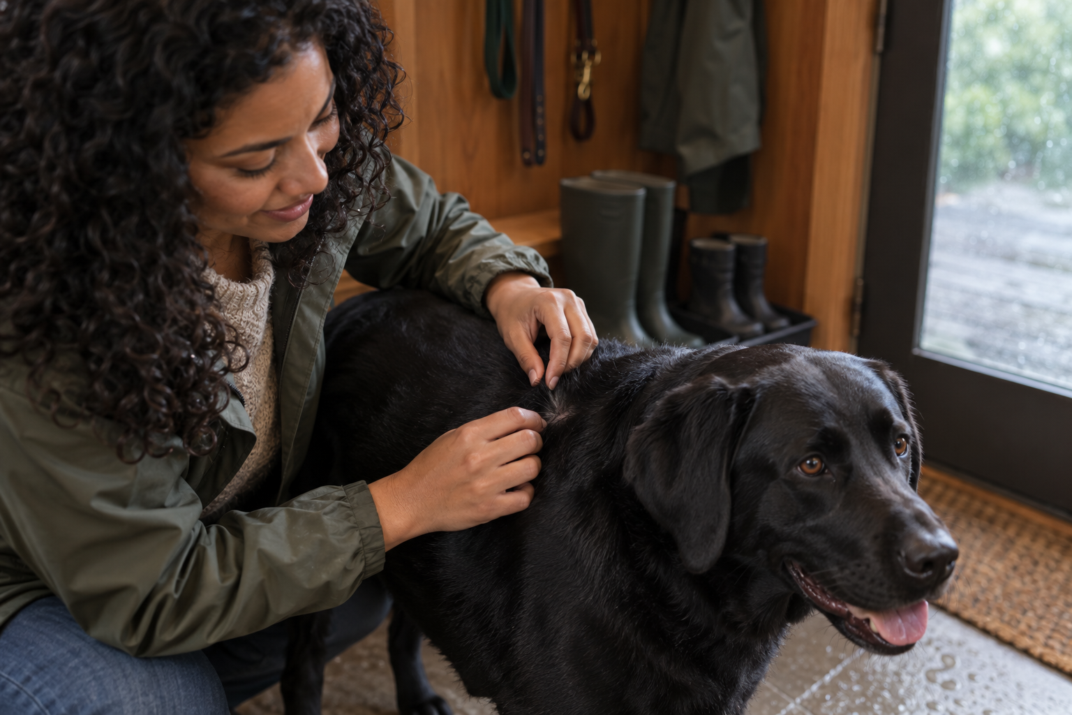 An owner checks a black Labrador's coat in a rain-damp mudroom.