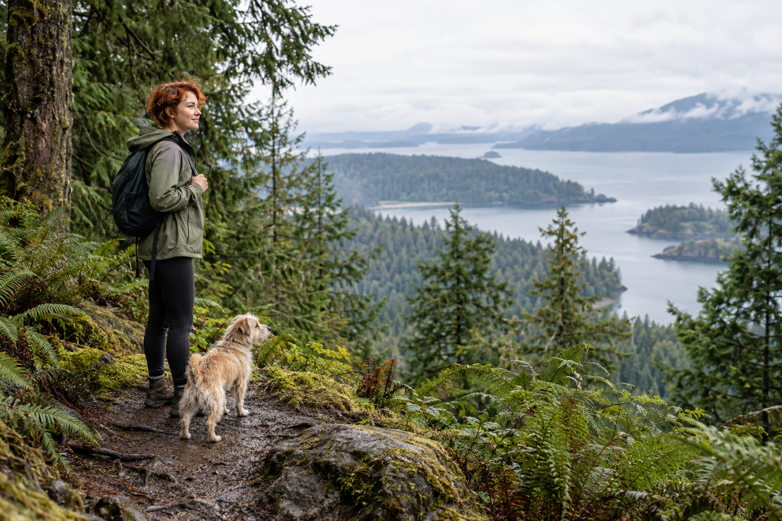 A small terrier and its owner pause beside a fern-lined trail after rain.