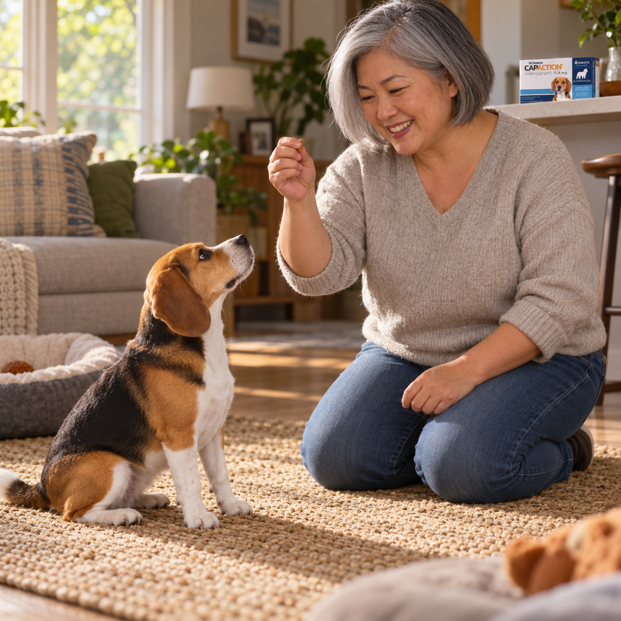 A beagle waits for a treat as a sealed flea-treatment box rests at the room's edge.