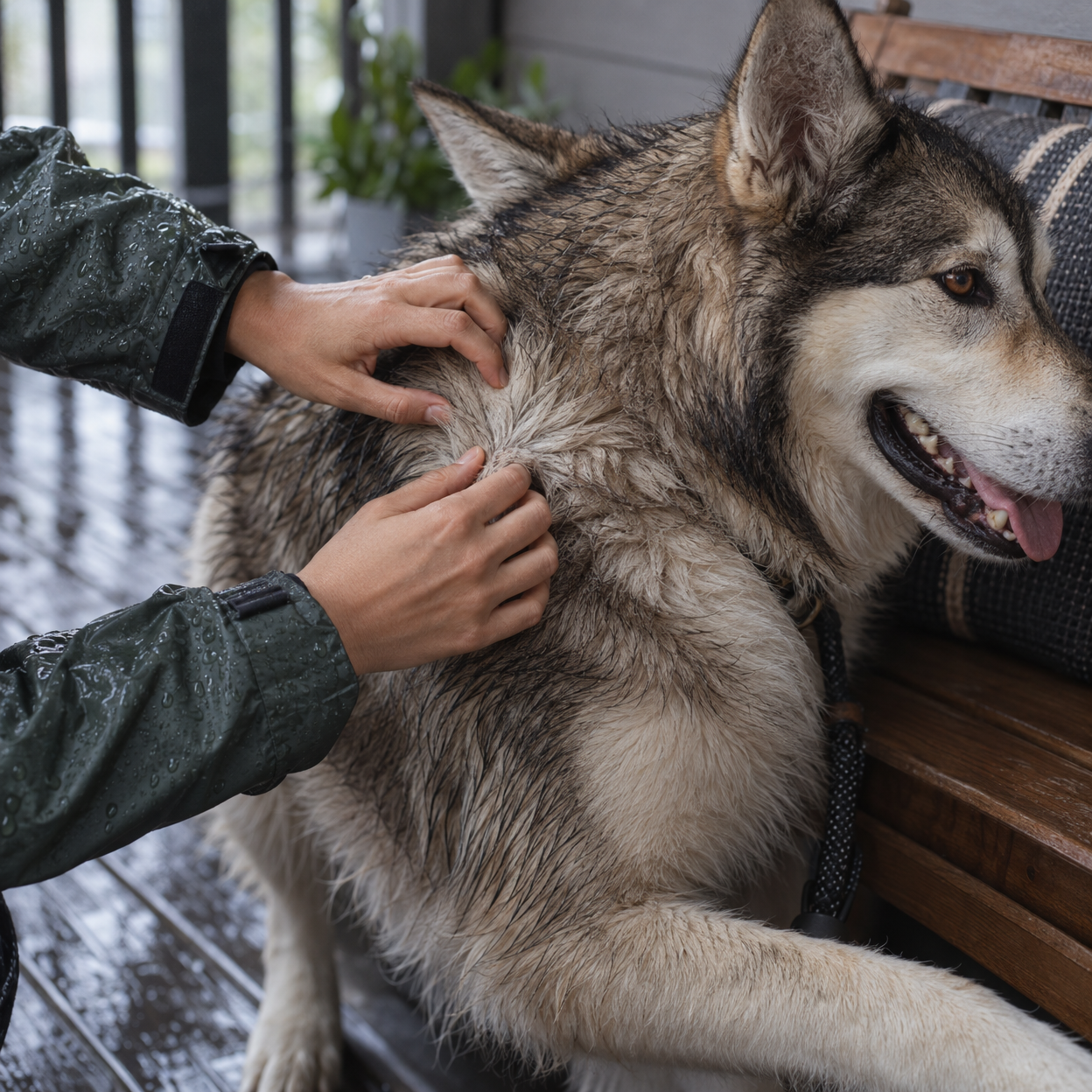 Hands check a large shepherd mix's coat on a covered porch after rain.