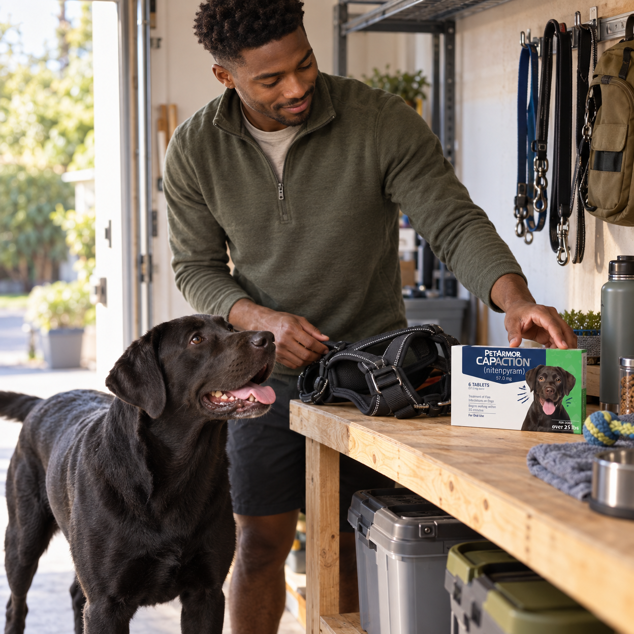 A large Labrador stands by its owner as a sealed flea-treatment box rests beside a harness.
