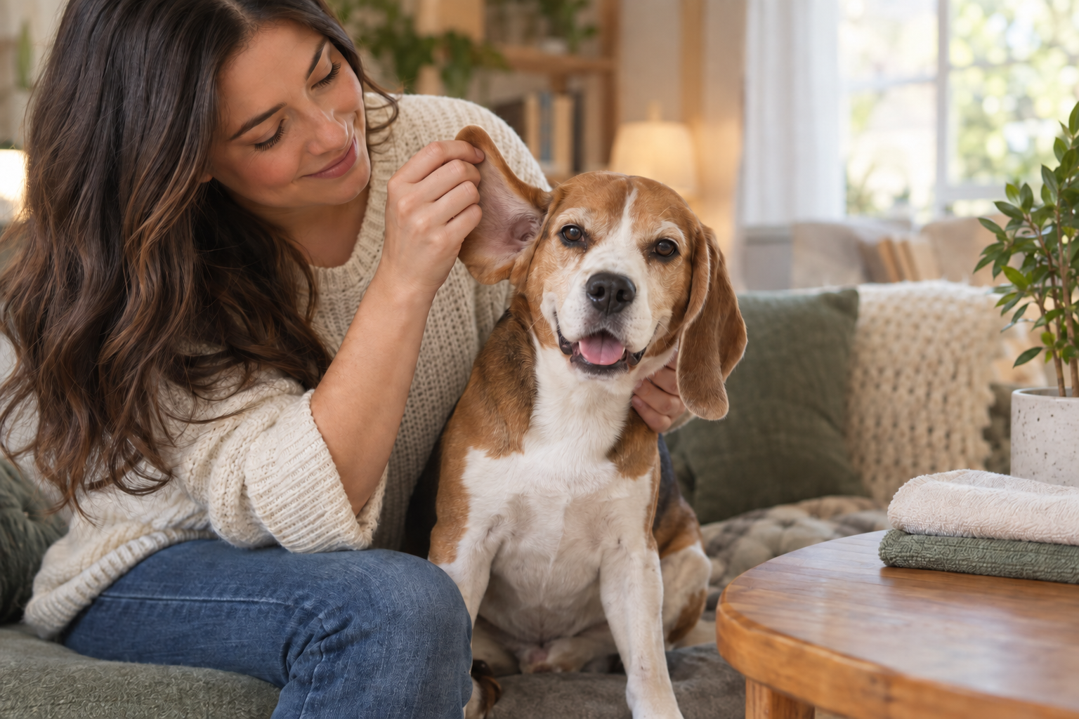 A woman in a cream sweater sits on a sofa and gently lifts the ear of a brown-and-white beagle in a bright living room with cushions, folded towels on a wooden table, and a potted plant.
