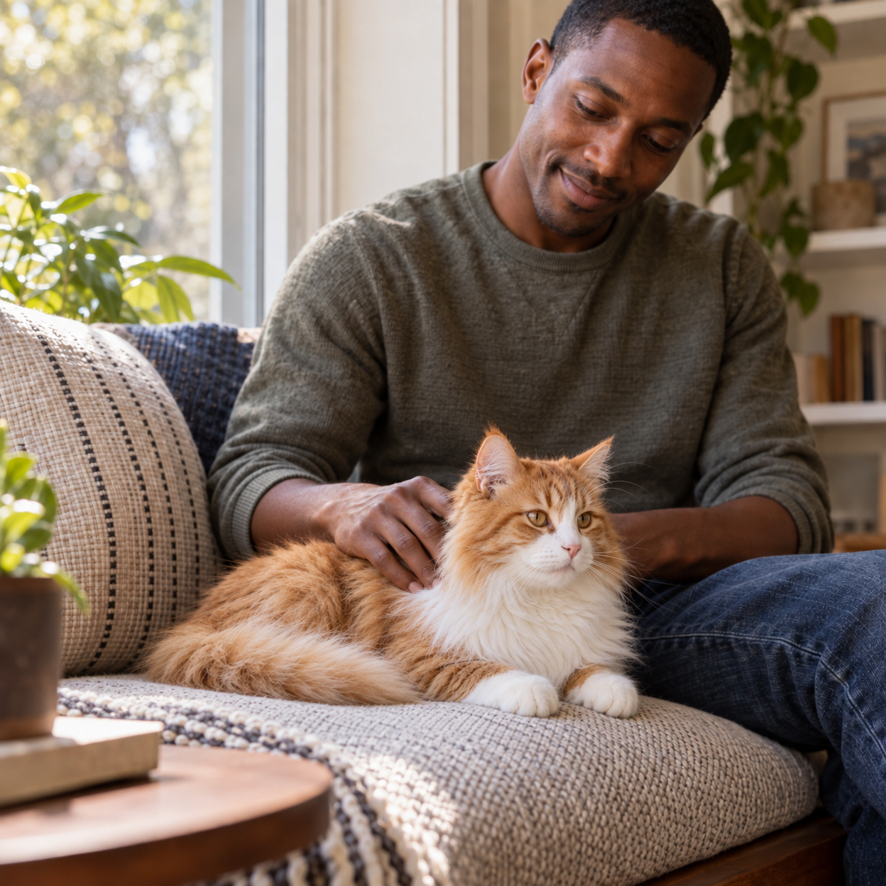 A man in a gray sweater sits on a couch and pets a normal-sized, fluffy orange-and-white cat in a sunlit living room filled with plants.