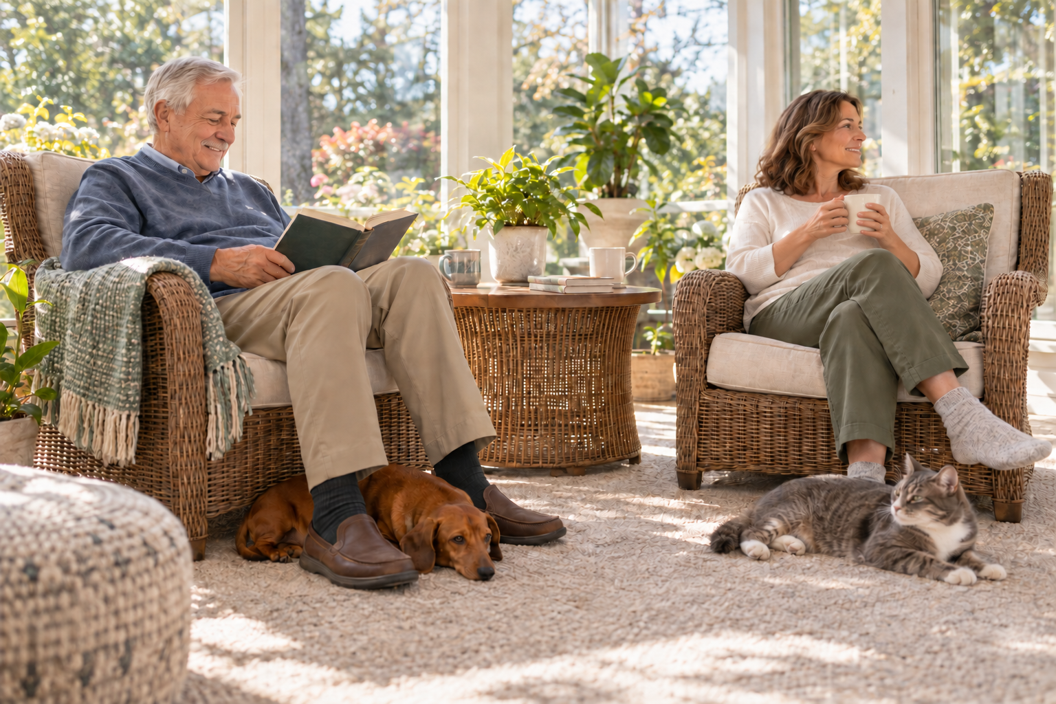 In a sunlit sunroom filled with plants, an older man reads in a wicker chair while a woman smiles and holds a mug in another chair, with a brown dog resting at his feet and a gray-and-white cat on the rug.