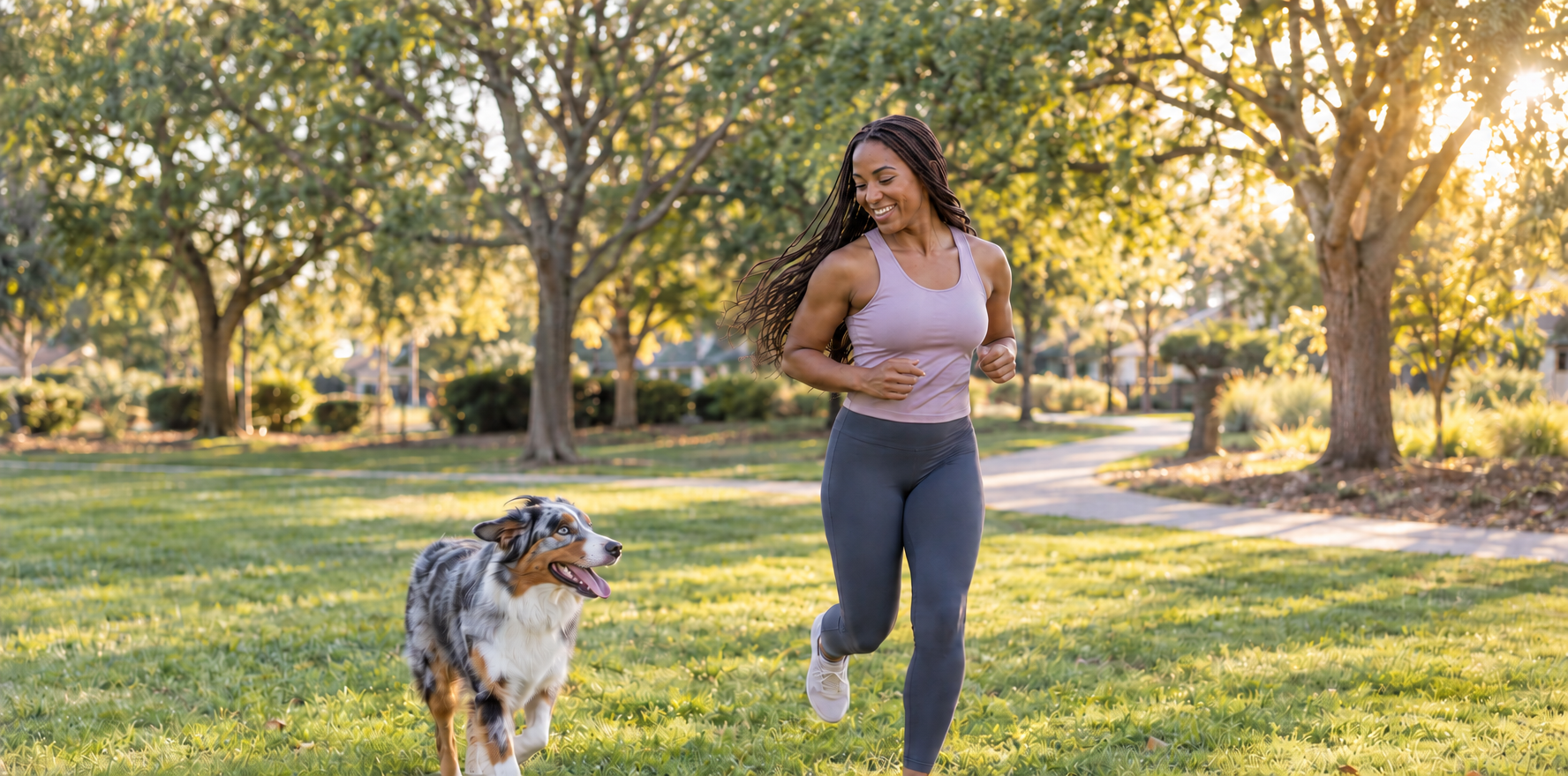 A smiling woman in a pink tank top and dark leggings runs beside a gray, white, and brown dog on grass in a sunlit park with trees and a path.