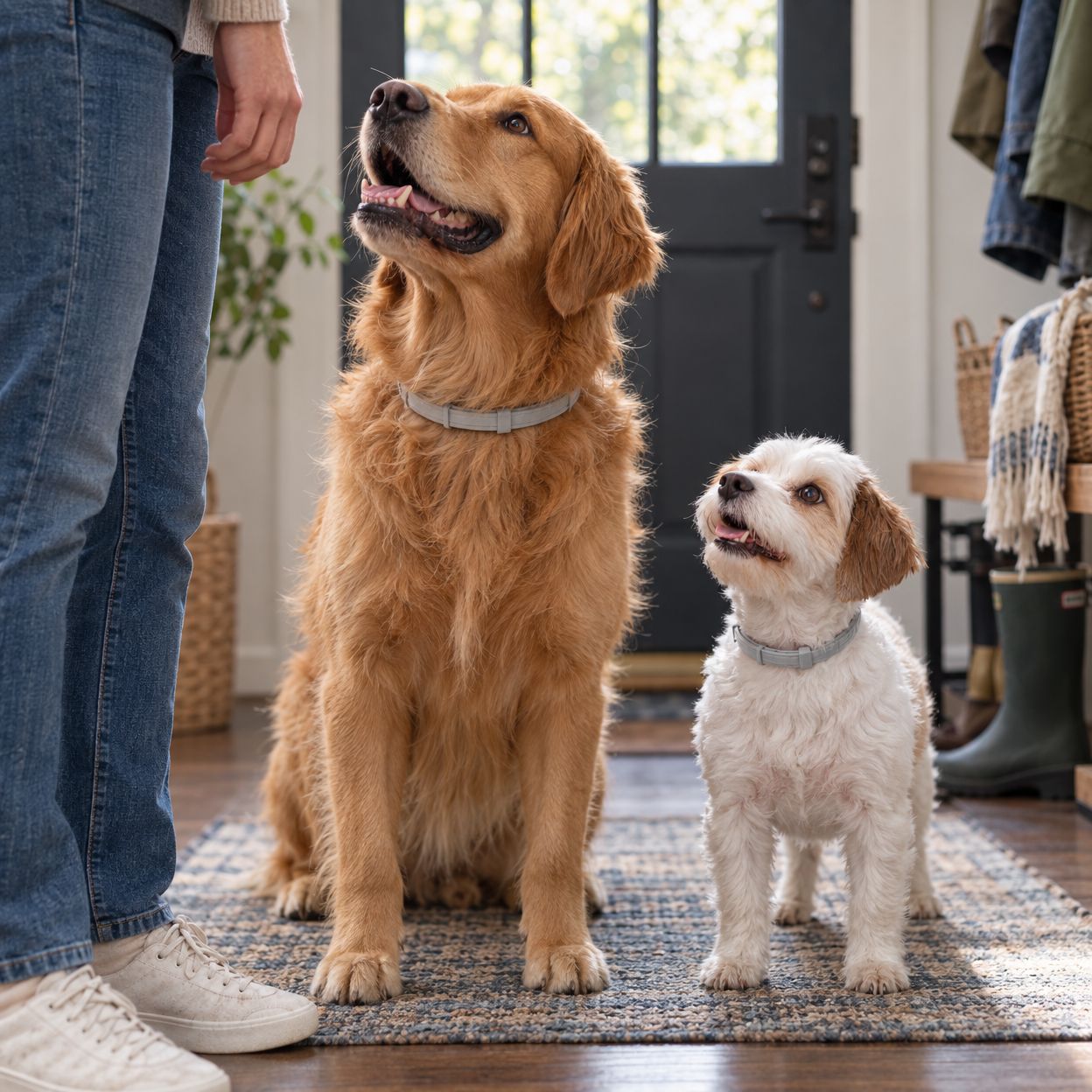 A large golden dog and a small white-and-brown dog wearing gray collars look up at a person standing beside them on a rug by a front door.