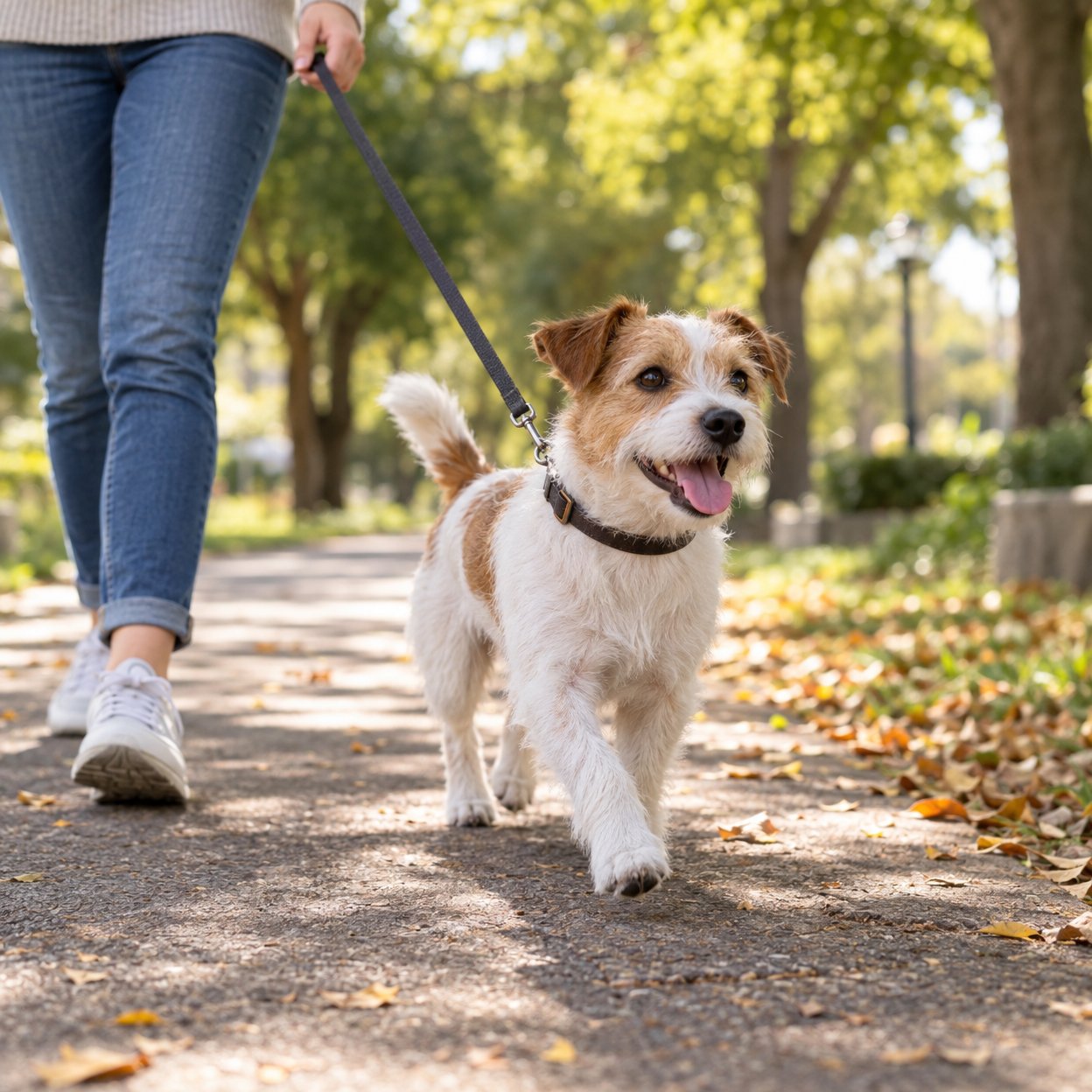 A small white-and-brown dog walks on a leash held by a person in jeans and white sneakers along a tree-lined path scattered with fallen leaves.