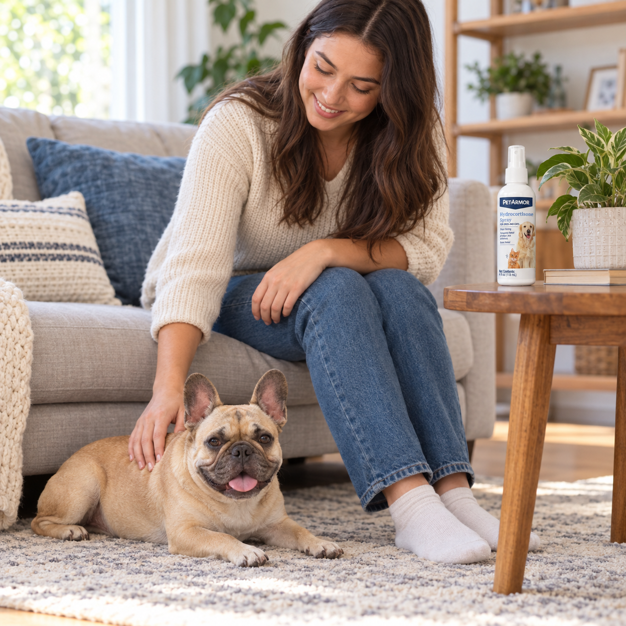 A woman sitting on a sofa pets a small tan dog lying on a rug, while a PetArmor Hydrocortisone Spray bottle sits on a wooden side table beside a potted plant.