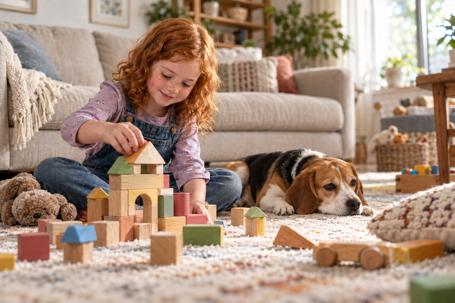 A child stacks wooden blocks on a living room rug beside a resting dog with two front paws.