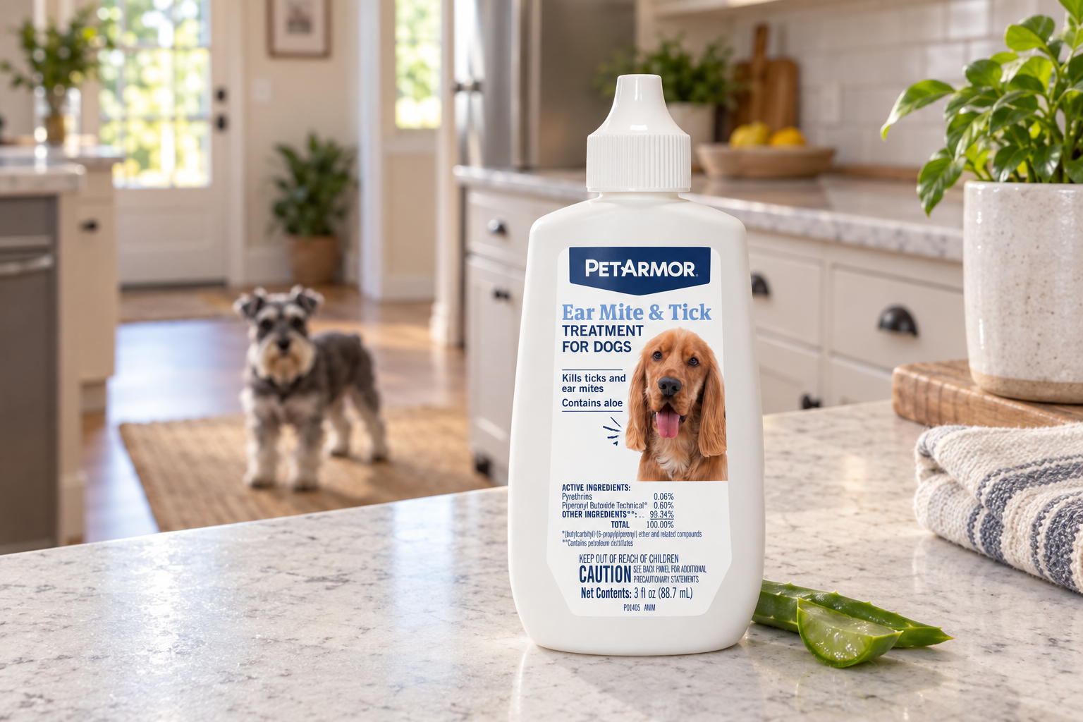 A PetArmor Ear Mite & Tick Treatment bottle sits prominently on a kitchen counter while a small dog stands on the floor in the background.