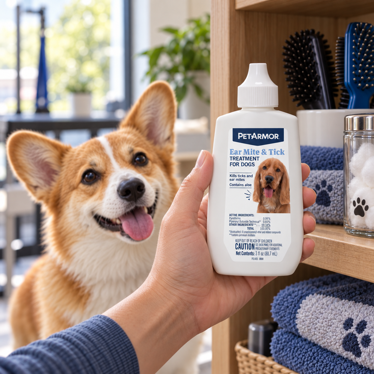A hand holds a white bottle labeled “PETARMOR Ear Mite & Tick Treatment for Dogs” beside a brown-and-white dog, with brushes and folded towels on a wooden shelf.