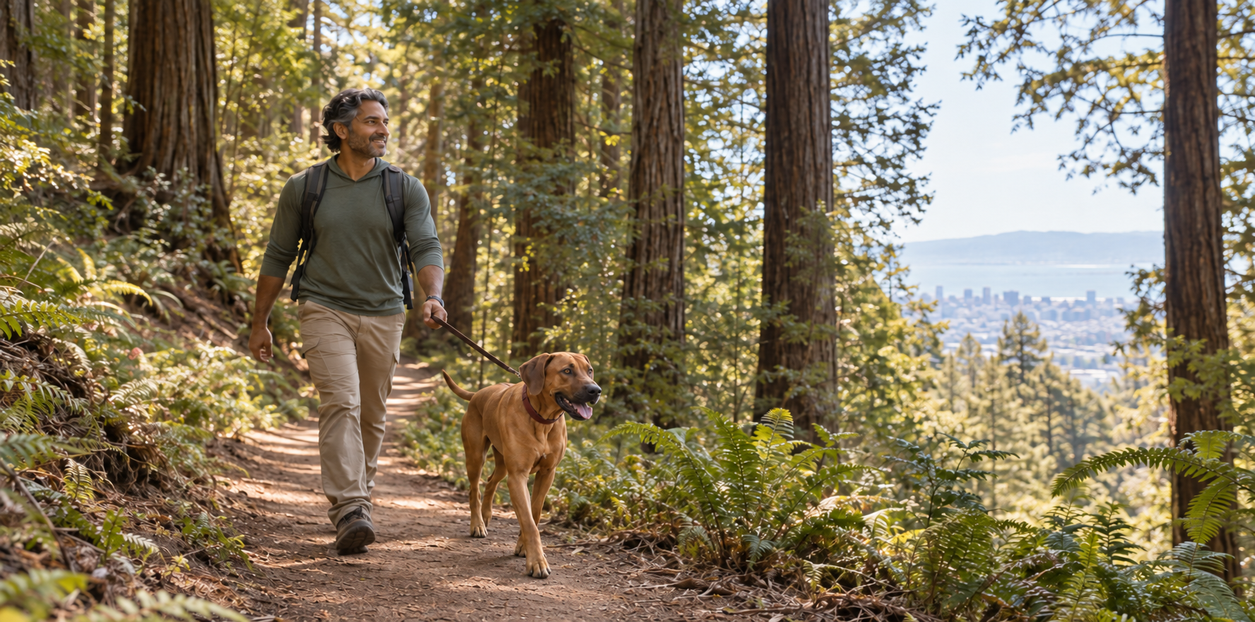 A man wearing a backpack walks a brown dog on a leash along a wooded trail, with a distant city and water visible through the trees.