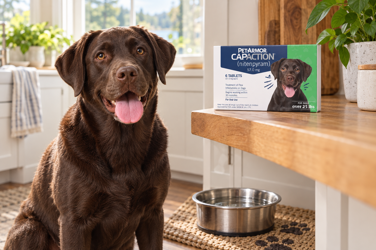 A large brown dog sits by its water bowl beside a PetArmor CAPACTION six-tablet box labeled for dogs over 25 lb.