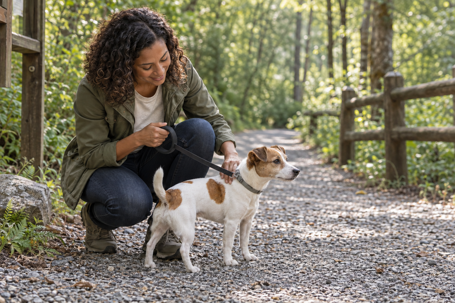 A woman crouches beside a small white-and-brown dog, holding its leash and petting it on a wooded gravel path.