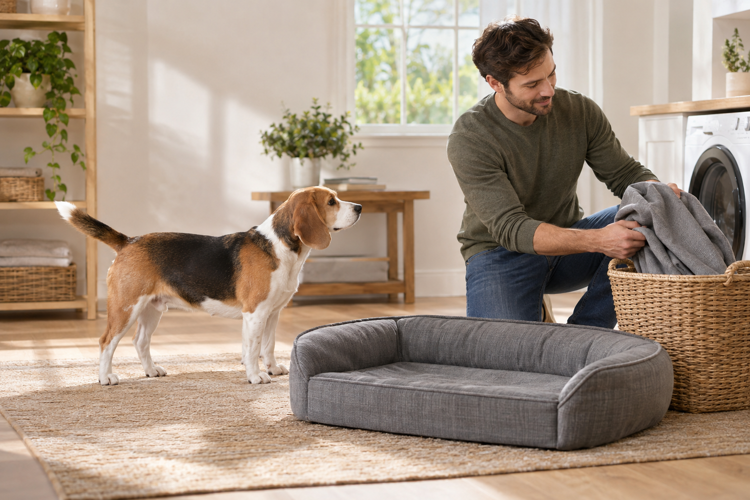 A beagle with four natural legs waits beside a man placing a dog-bed cover in a laundry basket.