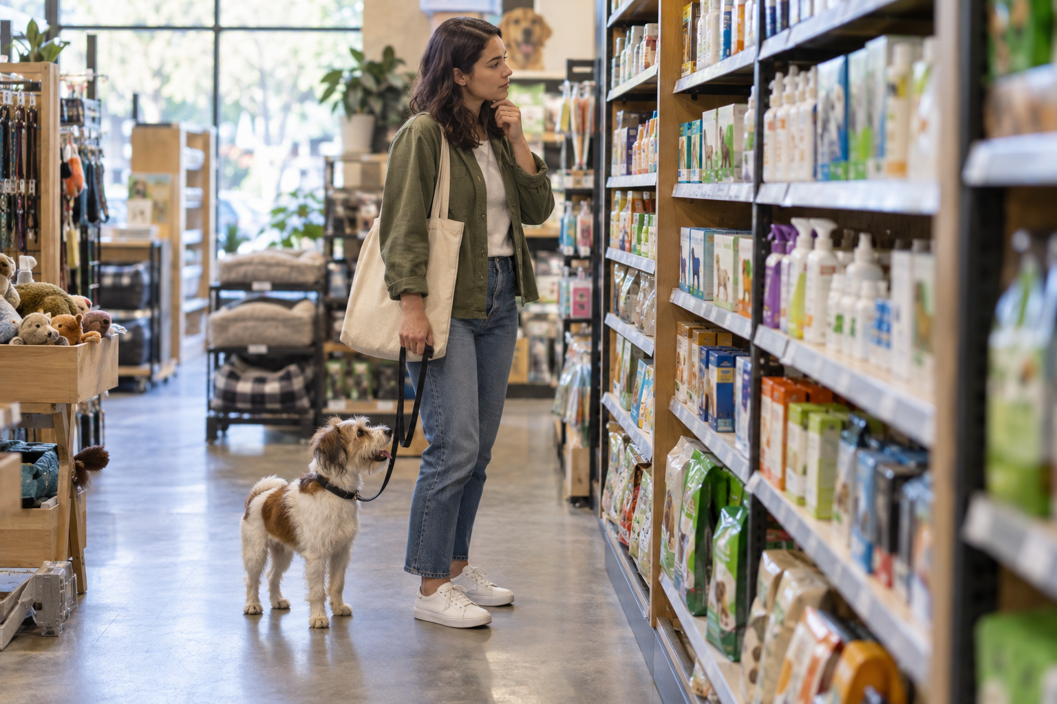 A woman with a tote bag stands beside a small brown-and-white dog in a pet store aisle, looking at shelves of bottles and packaged products.