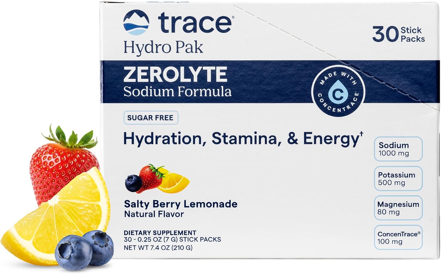 Trace Minerals ZeroLyte Electrolyte Mix, Salty Berry Lemonade, 30 Packets Zero sugar, ancient sea salt + coconut water, supports hydration, replenishes electrolytes, sodium + potassium + magnesium
