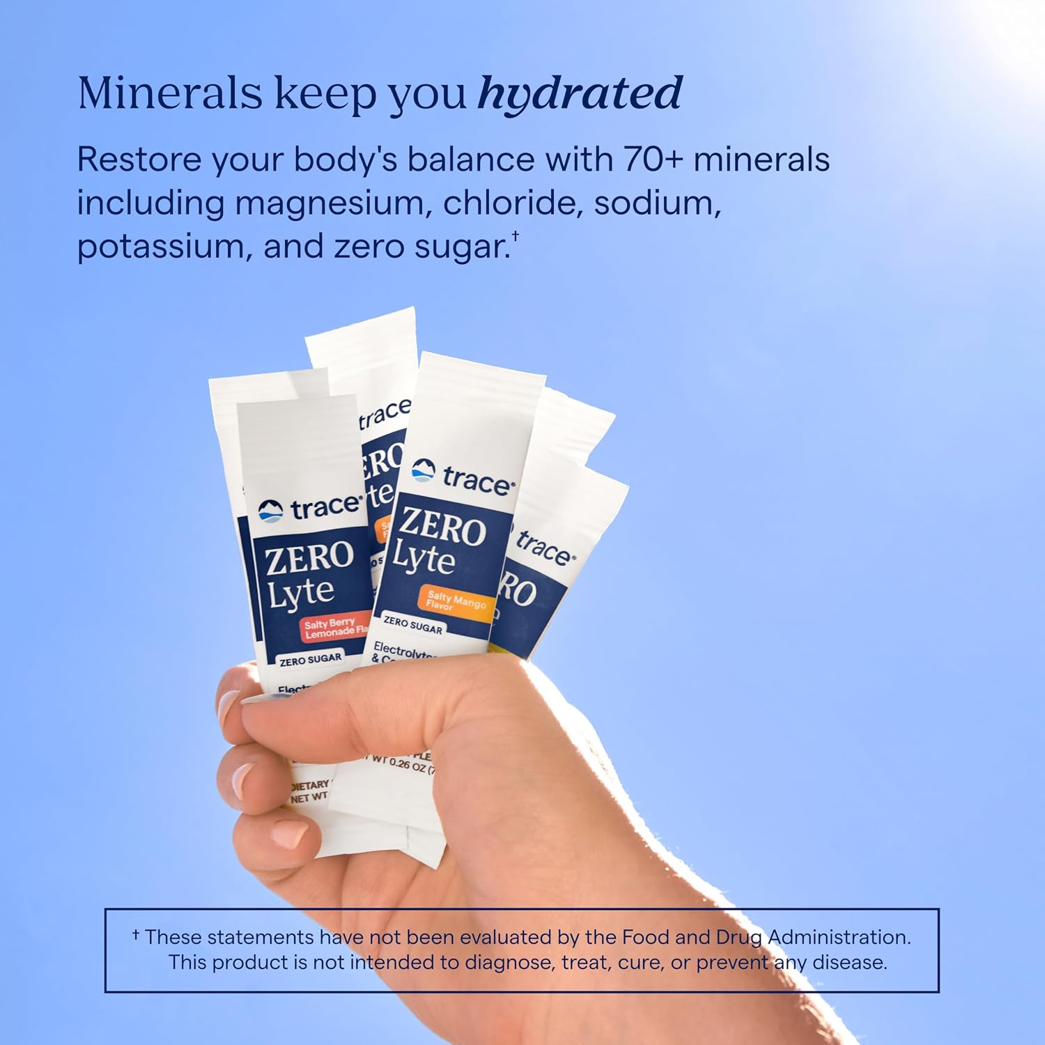 Trace Minerals ZeroLyte Electrolyte Mix, Salty Berry Lemonade, 30 Packets Zero sugar, ancient sea salt + coconut water, supports hydration, replenishes electrolytes, sodium + potassium + magnesium