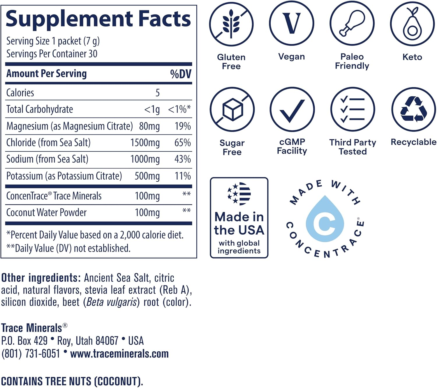 Trace Minerals ZeroLyte Electrolyte Mix, Salty Berry Lemonade, 30 Packets Zero sugar, ancient sea salt + coconut water, supports hydration, replenishes electrolytes, sodium + potassium + magnesium