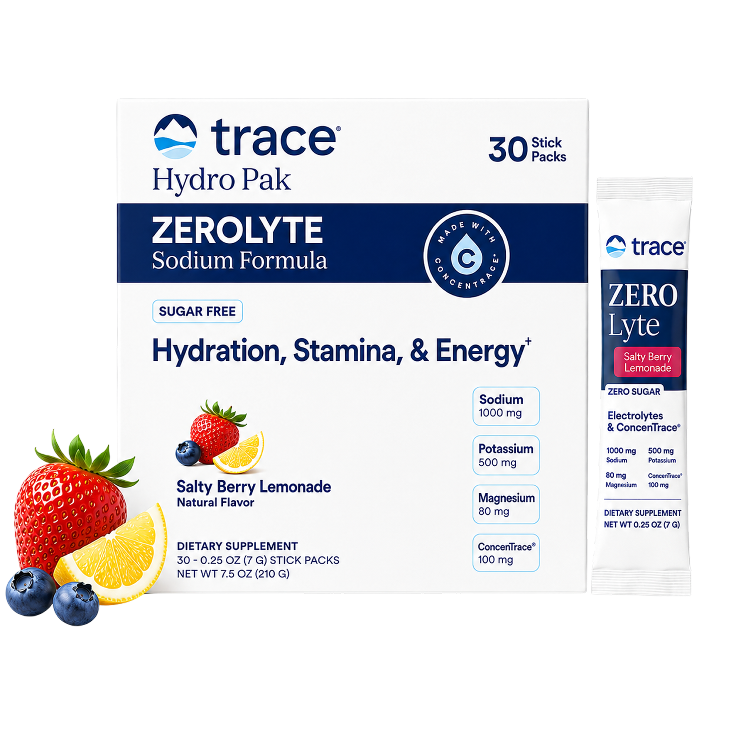 Trace Minerals ZeroLyte Electrolyte Mix, Salty Berry Lemonade, 30 Packets Zero sugar, ancient sea salt + coconut water, supports hydration, replenishes electrolytes, sodium + potassium + magnesium