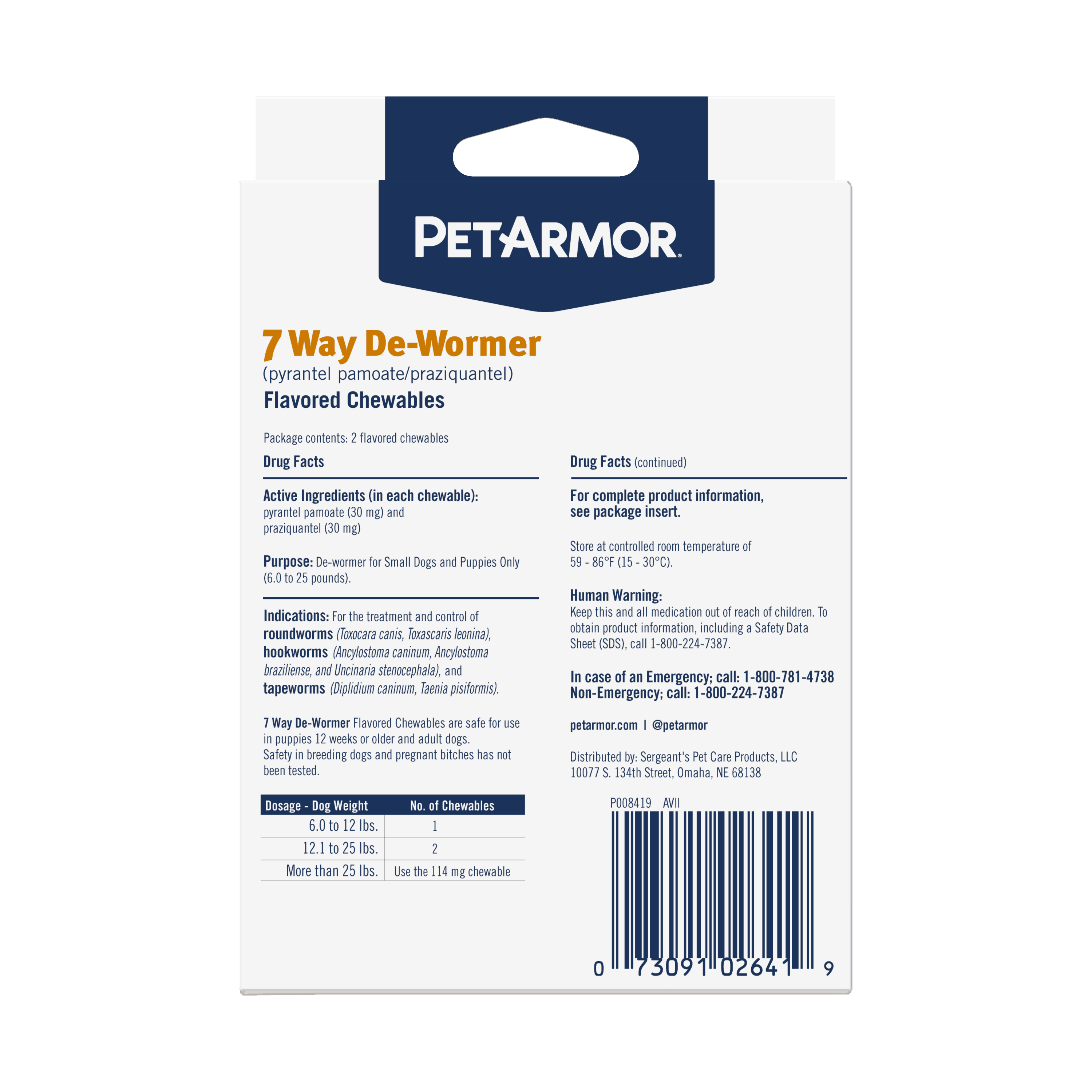 PetArmor® 7 Way De-Wormer (pyrantel pamoate/praziquantel) - 2 / Puppies & Small Dogs